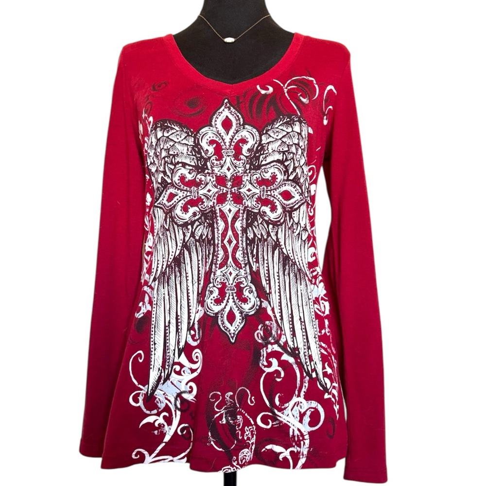 Ransom Woman’s Large Red Cross With Angel Wings Long Sleeve Top